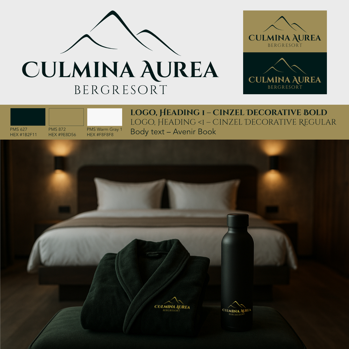 Culmina Aurea CVI – ADDDO loodud bränding, logo, kirjatüüp, trükised ja bränditud tooted hotellitoas